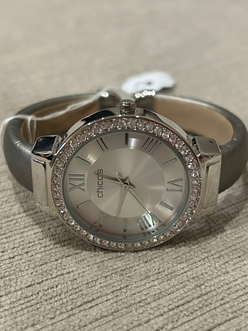 Chico's Silver Crystal Bezel Watch with Gray Band